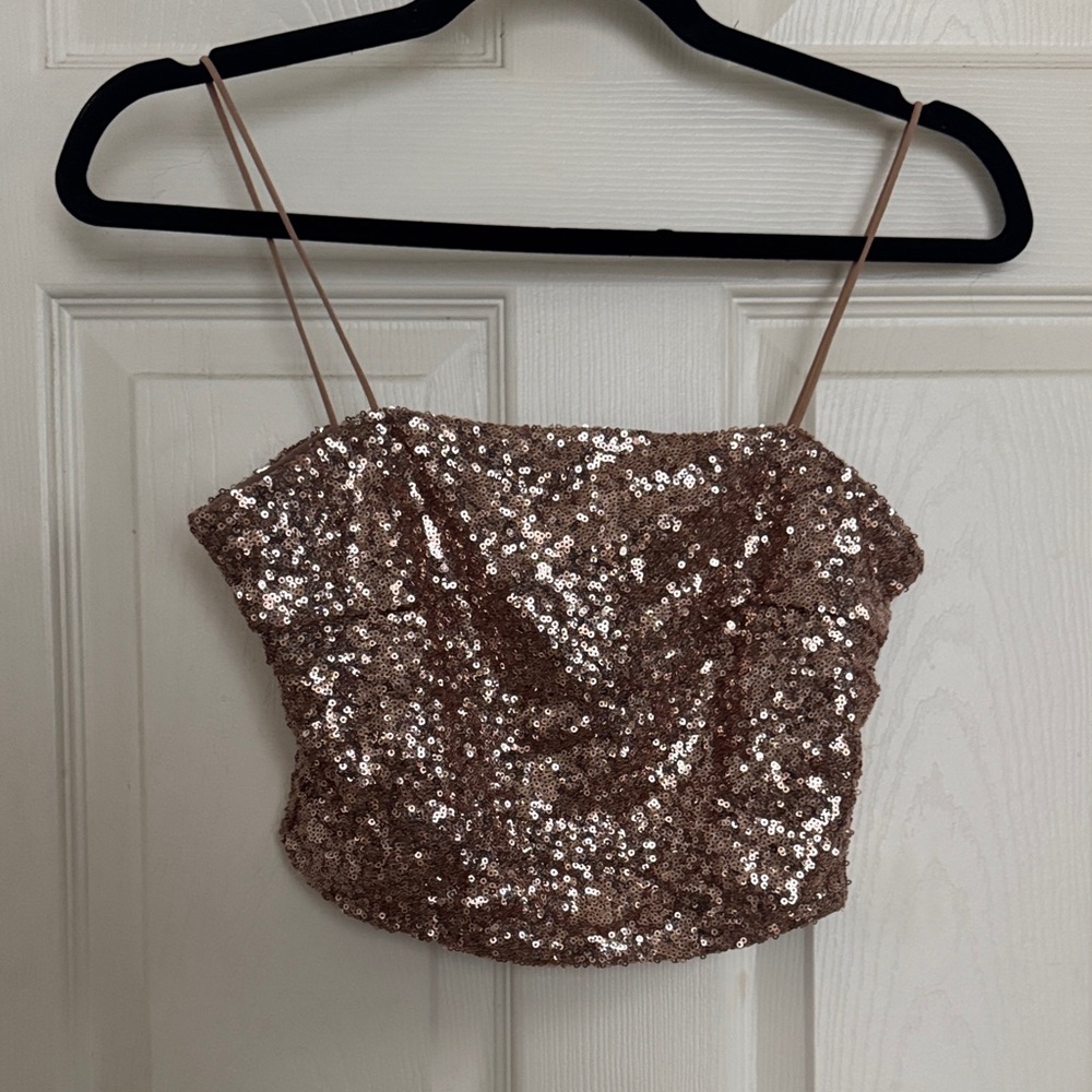 Sequin Embellished Tan Crop Top